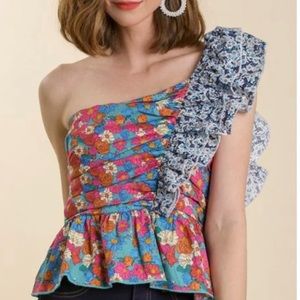 Umgee Floral Print One Shoulder Poplin Top
